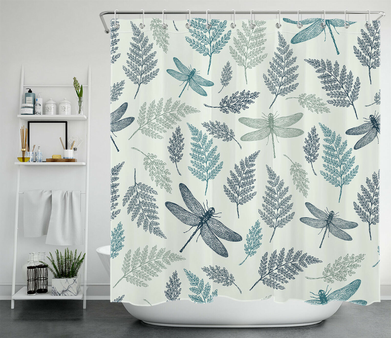 Vintage Dragonfly Shower Curtain With Abstract Leaves Bathroom Accessories - Image 2