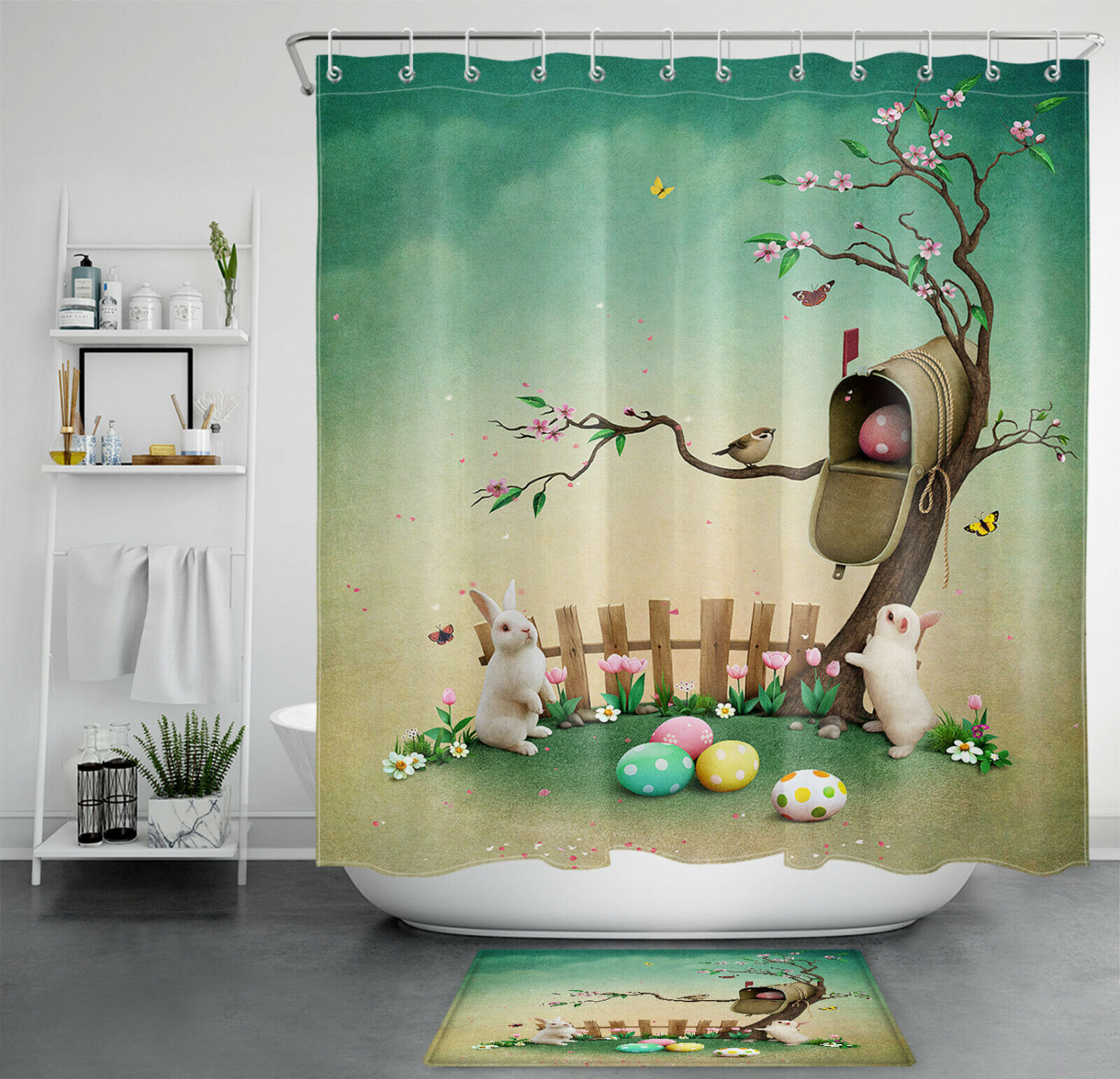 Vintage Easter Flower Egg Bunny Shower Curtain for Bathroom