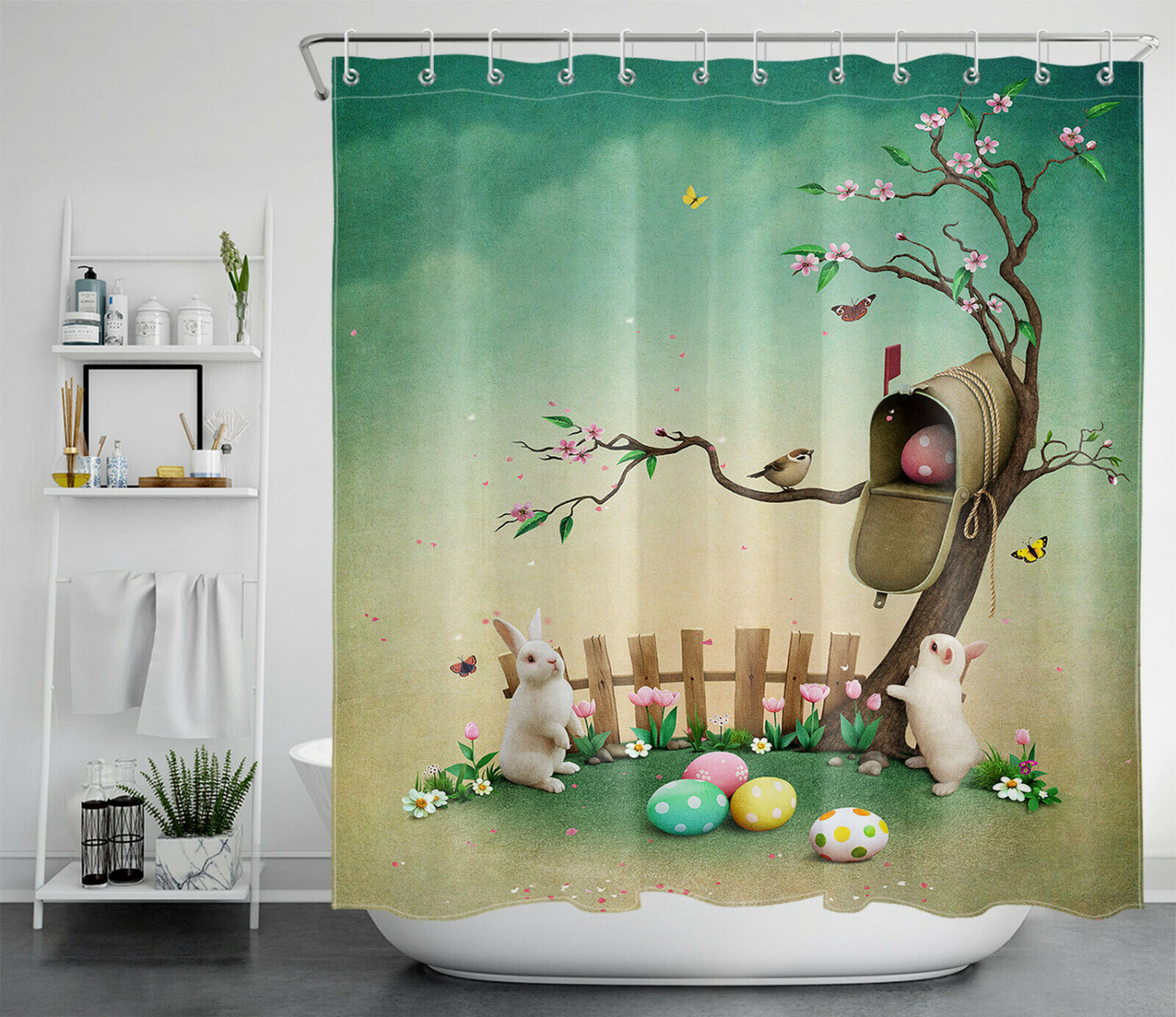 Vintage Easter Flower Egg Bunny Shower Curtain for Bathroom