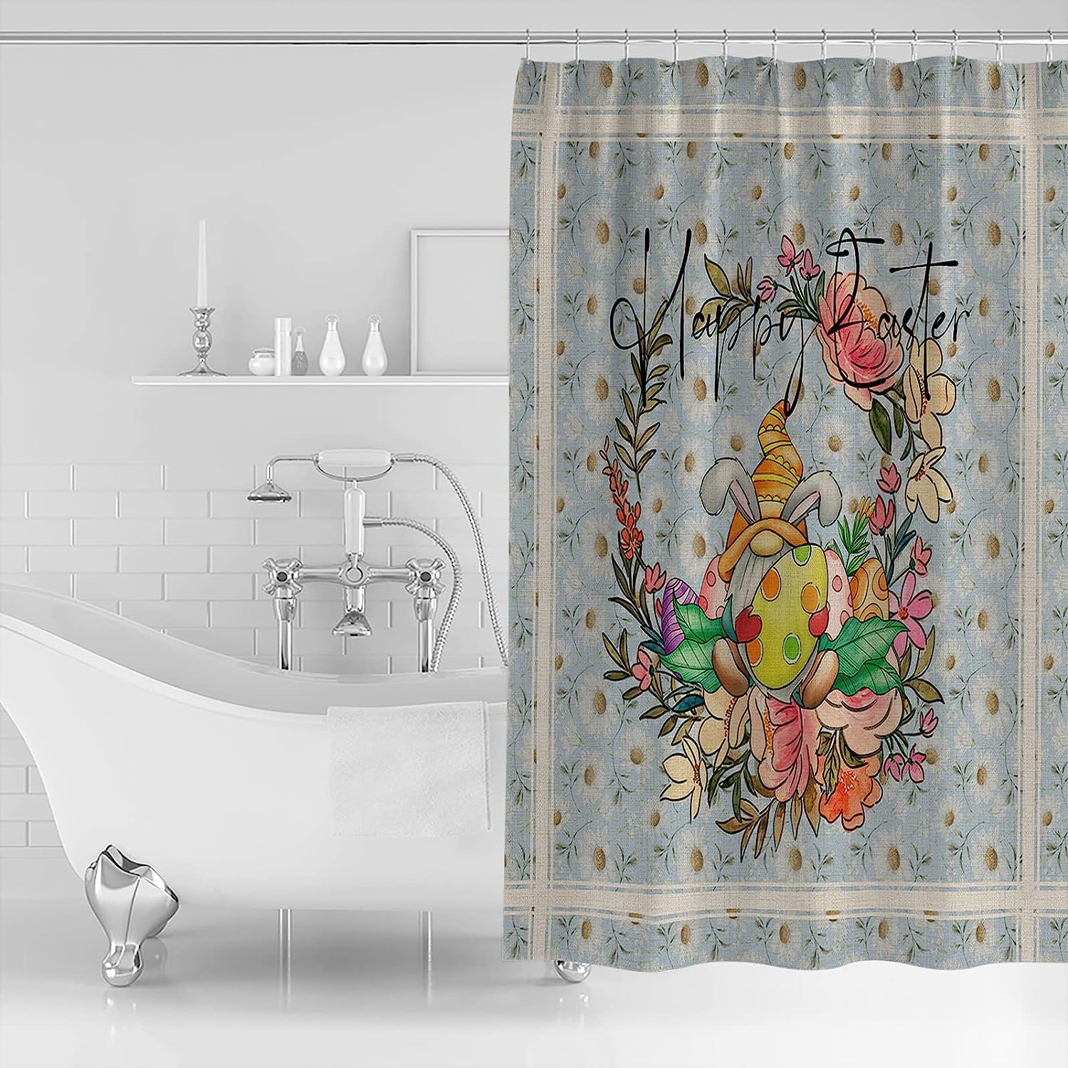 Vintage Easter Gnome Bunny Ear Egg Shower Curtain - Daisy Flower Waterproof Bath Curtain For Retro Bathroom Decor - Image 2