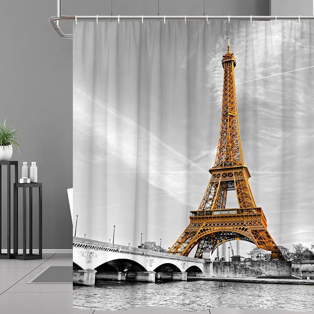 Vintage Eiffel Tower Landscape Shower Curtain, European Architecture Scenery Paris City Romantic Bathroom Decor Fabric