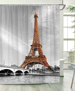 Vintage Eiffel Tower Landscape Shower Curtain, European Architecture Scenery Paris City Romantic Bathroom Decor Fabric