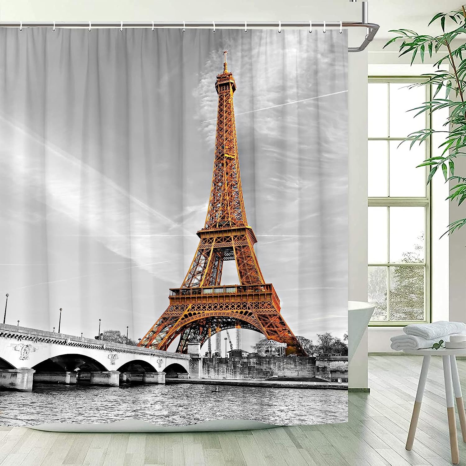 Vintage Eiffel Tower Landscape Shower Curtain, European Architecture Scenery Paris City Romantic Bathroom Decor Fabric