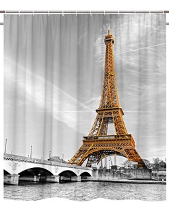 Vintage Eiffel Tower Landscape Shower Curtain, European Architecture Scenery Paris City Romantic Bathroom Decor Fabric