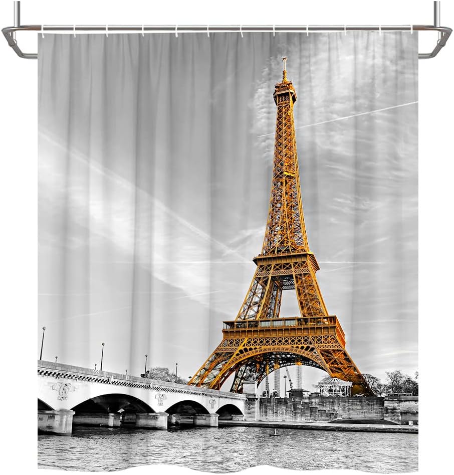 Vintage Eiffel Tower Landscape Shower Curtain, European Architecture Scenery Paris City Romantic Bathroom Decor Fabric