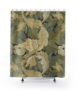 Vintage English Bathroom Accessory with Antique Print Bathroom William Morris Green Acanthus Leaf Pattern Shower Curtain