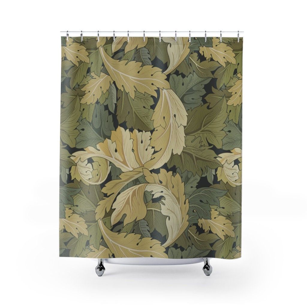 Vintage English Bathroom Accessory with Antique Print Bathroom William Morris Green Acanthus Leaf Pattern Shower Curtain