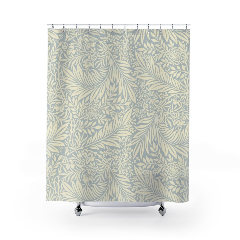 Vintage English Bathroom Accessory with William Morris Soft Blue Cream Shower Curtain