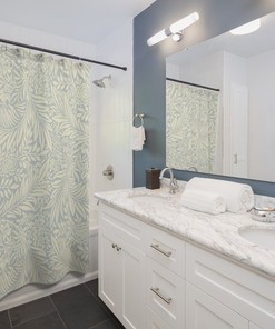 Vintage English Bathroom Accessory with William Morris Soft Blue Cream Shower Curtain