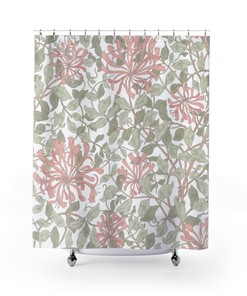 Vintage English Bathroom Accessory with William Morris Soft Pink & Green White Shower Curtain