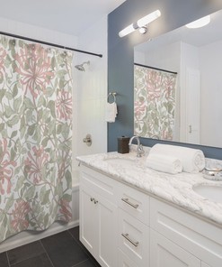 Vintage English Bathroom Accessory with William Morris Soft Pink & Green White Shower Curtain