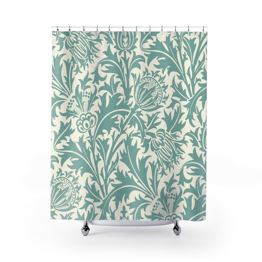Vintage English Bathroom Accessory with William Morris Thistle Mint Green & Cream Shower Curtain