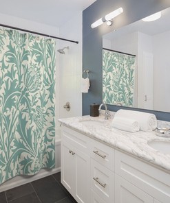 Vintage English Bathroom Accessory with William Morris Thistle Mint Green & Cream Shower Curtain