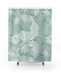 Vintage English Shower Curtain, William Morris Pastel Aqua Acanthus Leaf Pattern Print, Antique Bathroom Accessory