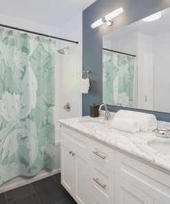 Vintage English Shower Curtain, William Morris Pastel Aqua Acanthus Leaf Pattern Print, Antique Bathroom Accessory