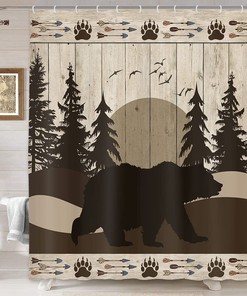 Vintage Fabric Shower Curtain With Bear Hunter Camper Forest Print, Perfect For Rustic Bathroom Decor