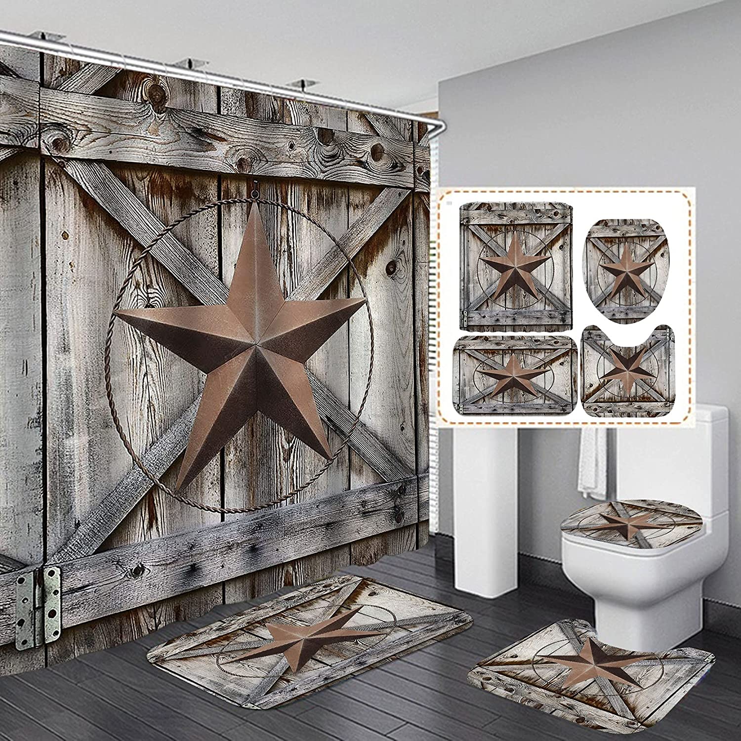 Vintage Farmhouse Western Texas Star Fabric Shower Curtain, Perfect For Adding Rustic Charm To Your Bathroom Decorr