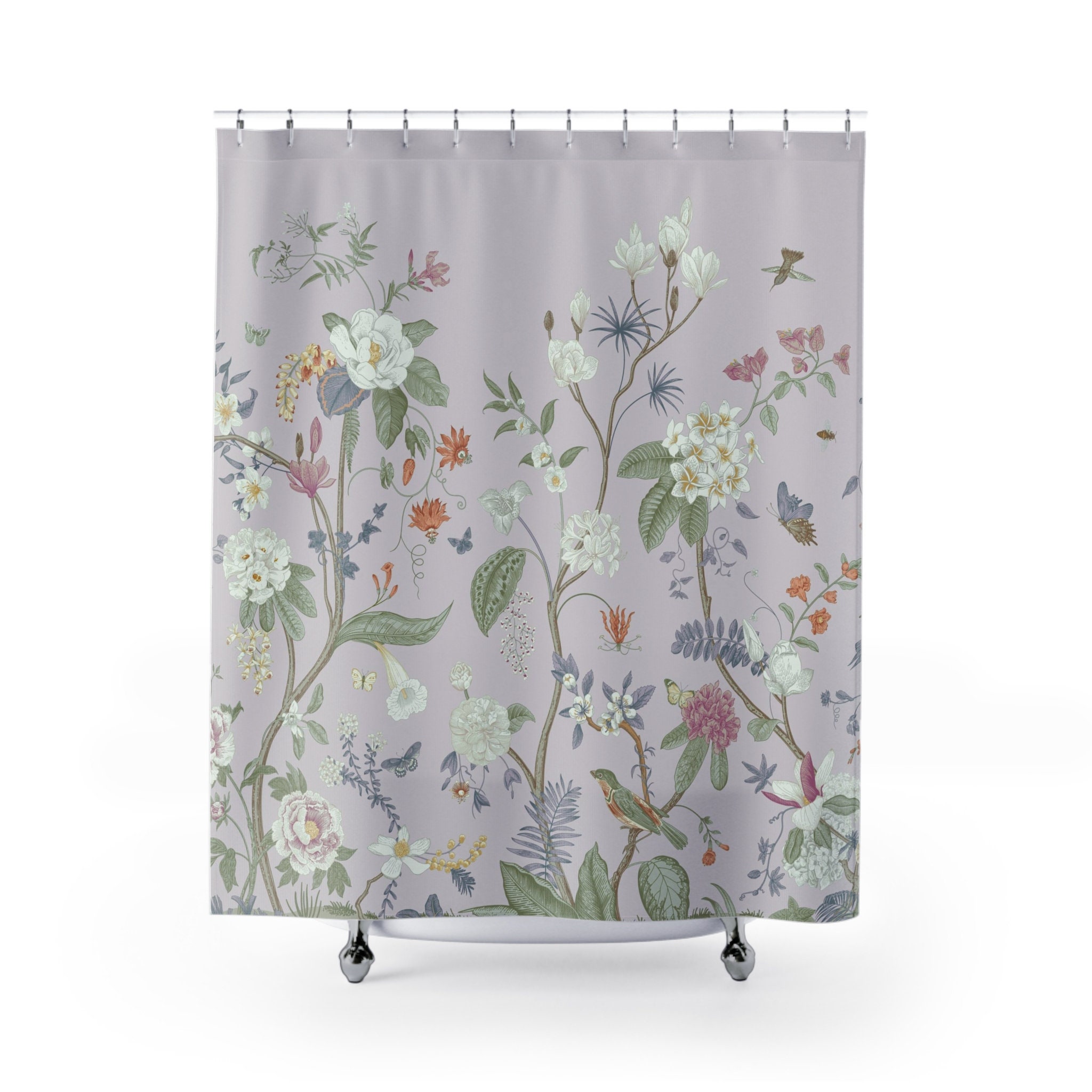 Vintage Floral Chinoiserie Shower Curtain With Bird Garden Fresco