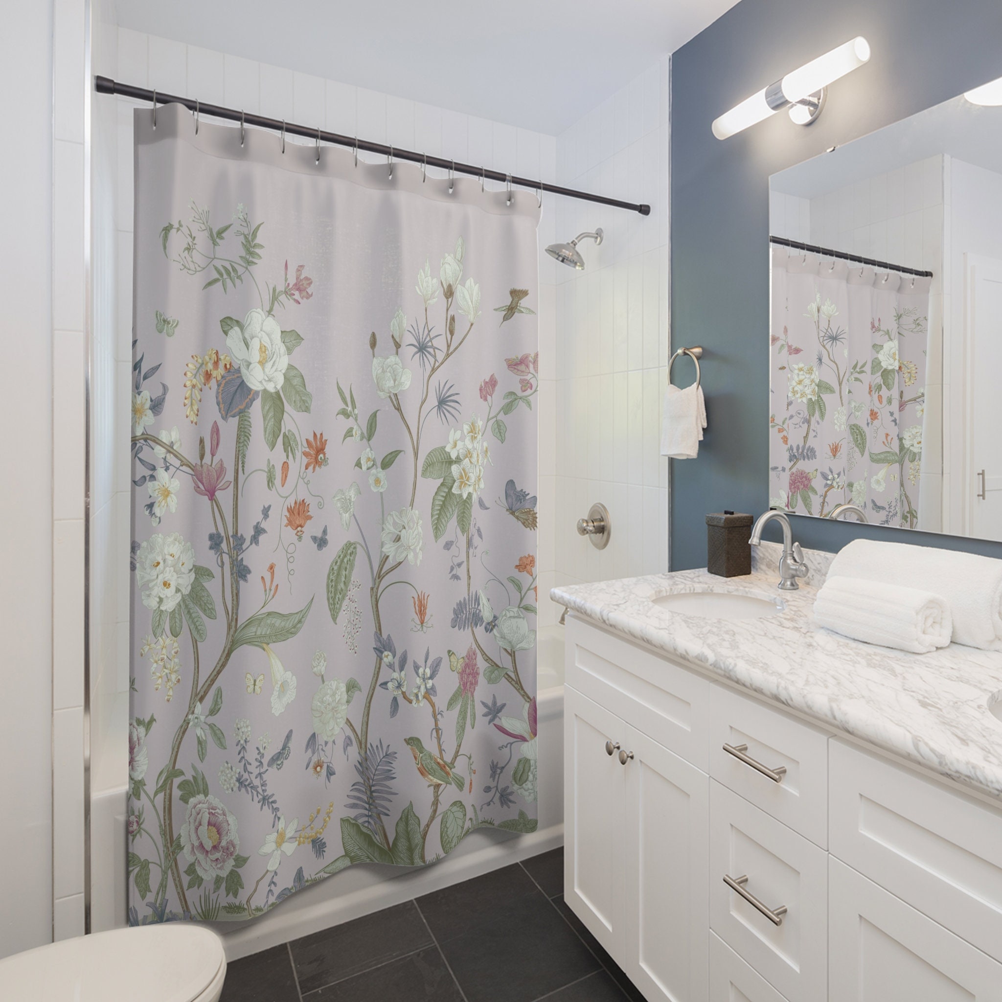 Vintage Floral Chinoiserie Shower Curtain With Bird Garden Fresco - Image 2