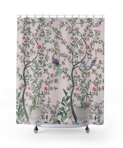 Vintage Floral Chinoiserie Shower Curtain With Bird Garden Fresco, Delicate Pastel Shades