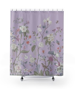 Vintage Floral Chinoiserie Shower Curtain With Bird Garden Fresco, Light Lilac Pastel