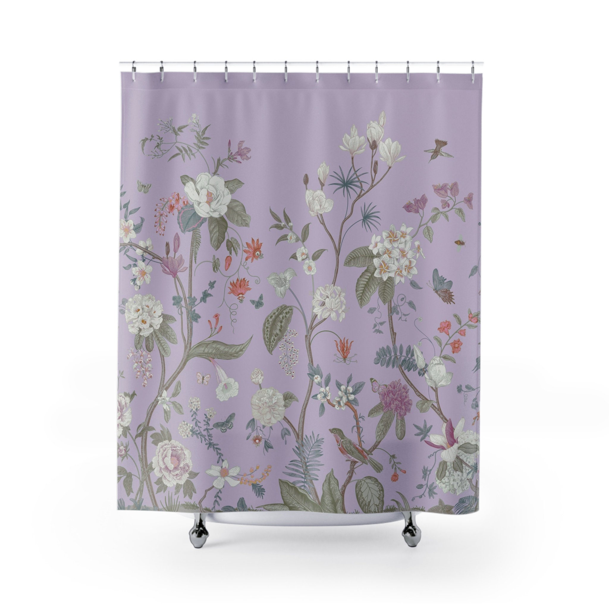 Vintage Floral Chinoiserie Shower Curtain With Bird Garden Fresco, Light Lilac Pastel