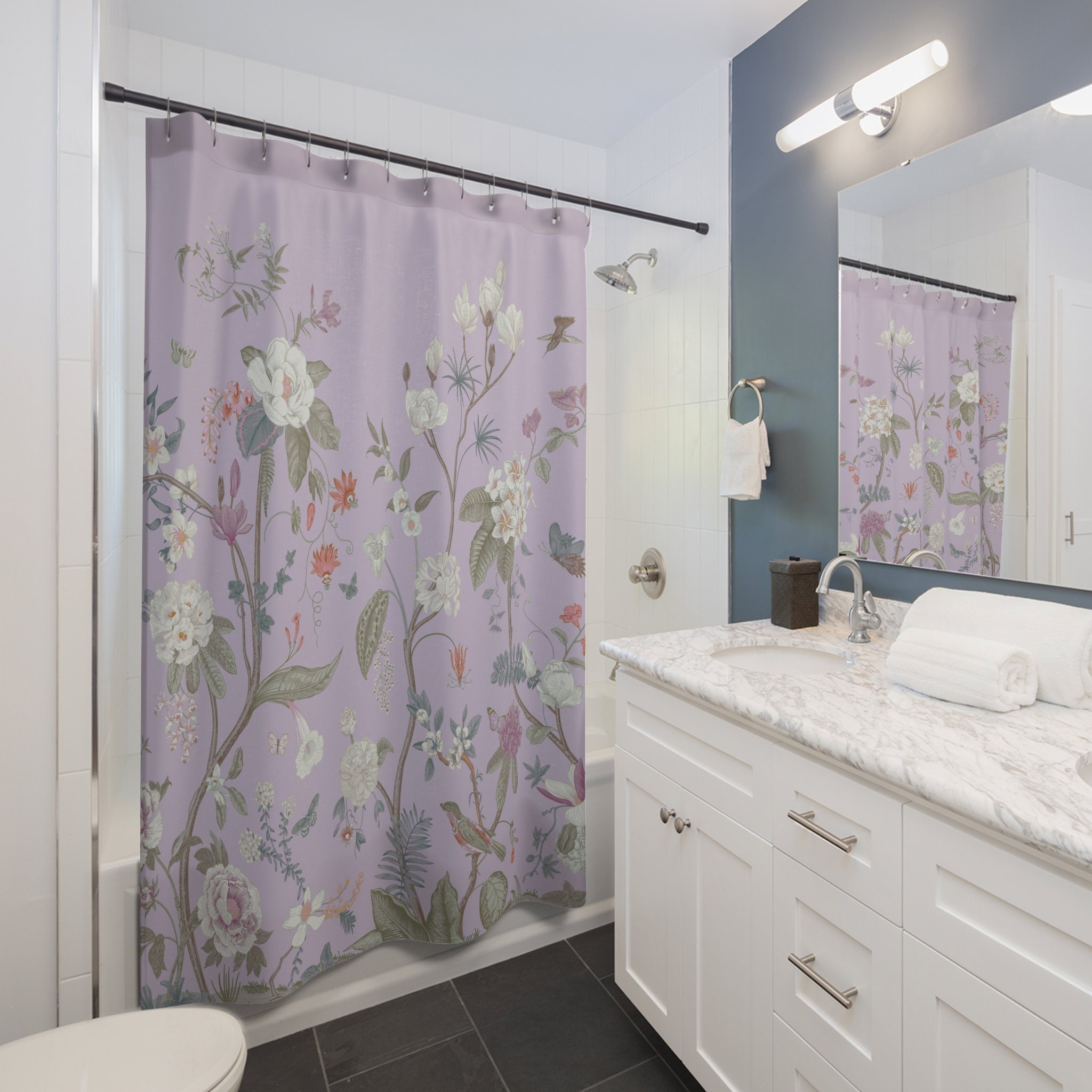 Vintage Floral Chinoiserie Shower Curtain With Bird Garden Fresco, Light Lilac Pastel - Image 2