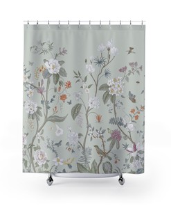 Vintage Floral Chinoiserie Shower Curtain With Bird Garden Fresco, Light Sage Green Pastel, And Whimsical Retro