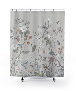 Vintage Floral Chinoiserie Shower Curtain With Bird Garden Fresco, Light Stone Grey Pastel, And Whimsical Retro