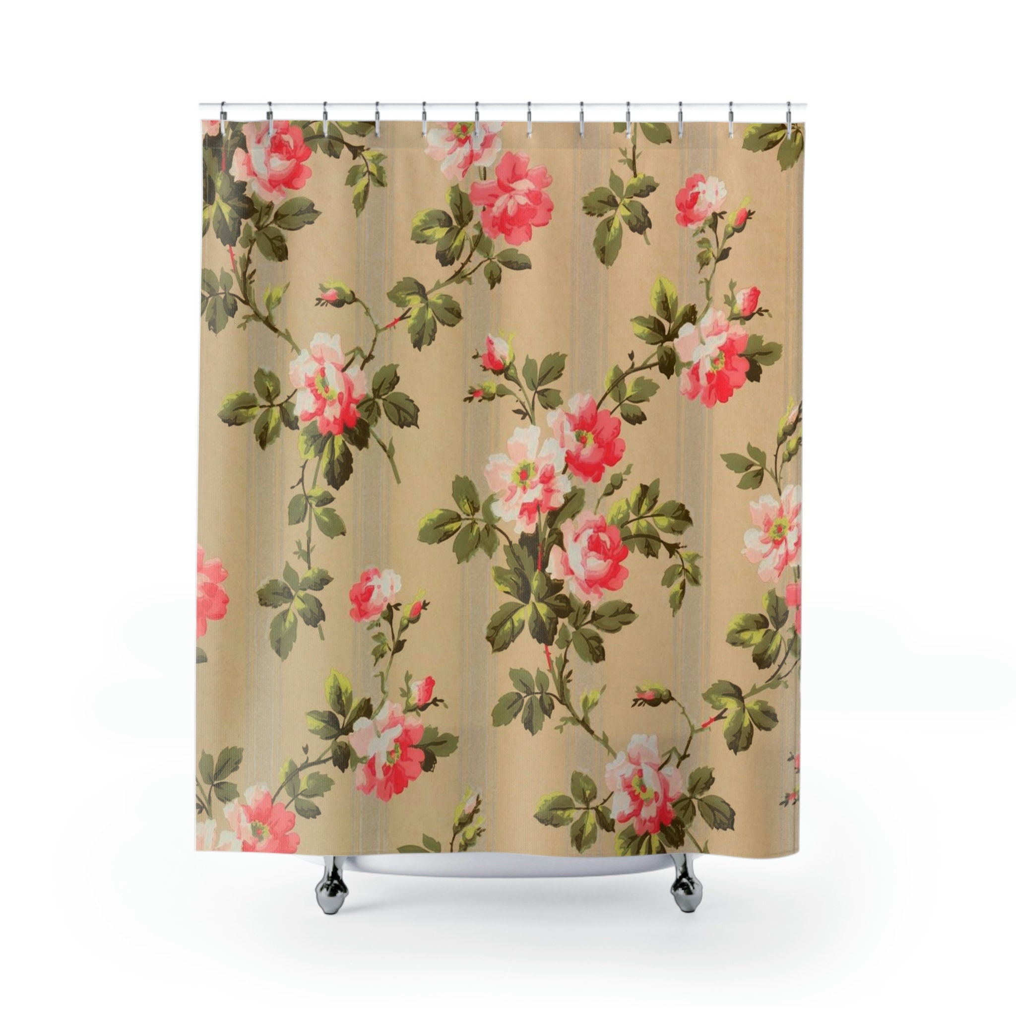 Vintage Floral Shower Curtain - Pink and Green Design for Retro Bathroom