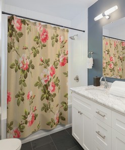 Vintage Floral Shower Curtain - Pink and Green Design for Retro Bathroom