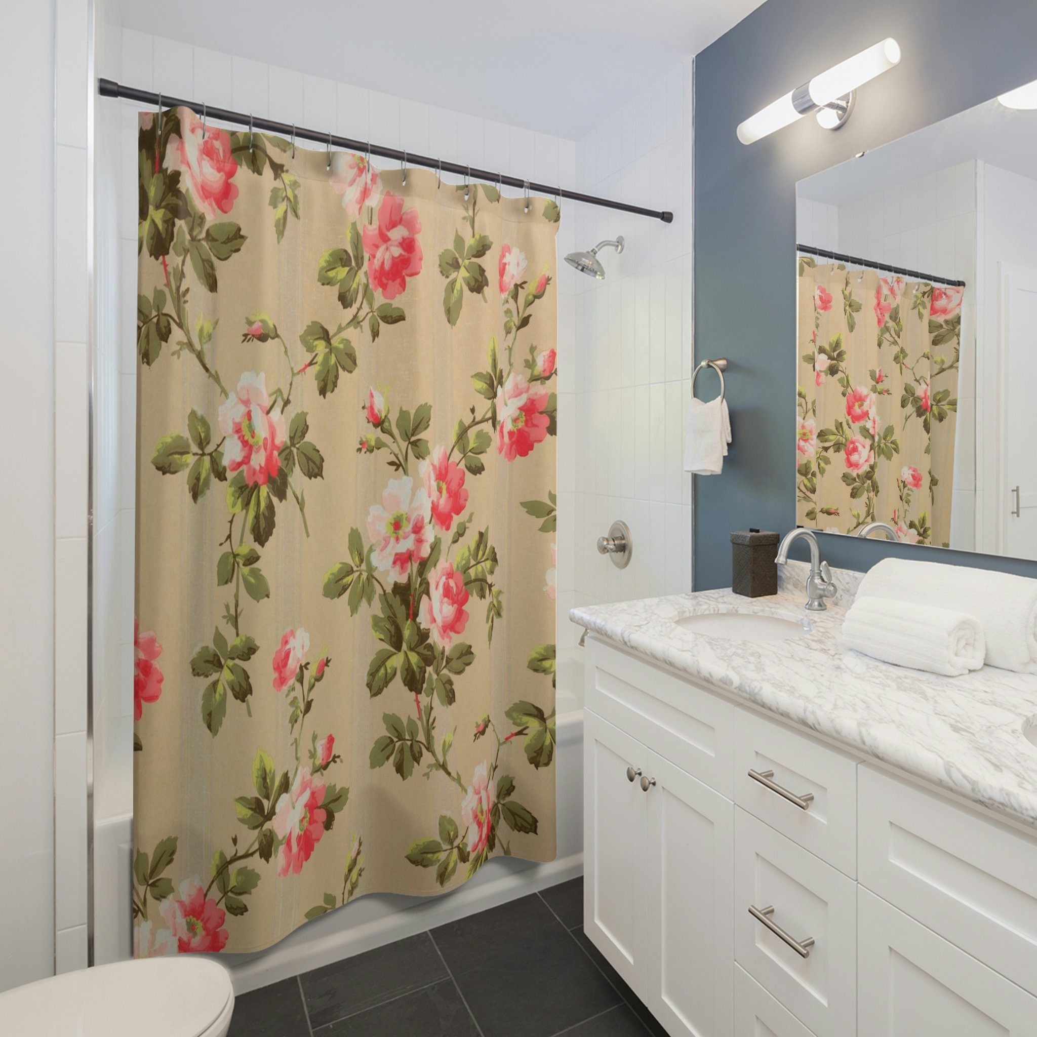 Vintage Floral Shower Curtain - Pink and Green Design for Retro Bathroom