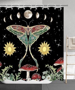 Vintage Floral Shower Curtain with Butterfly, Mushroom, Sun, and Moon Print 