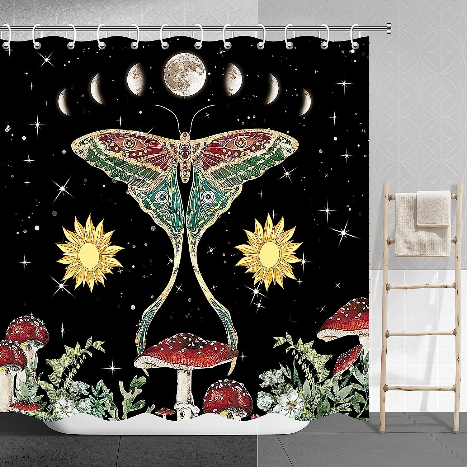 Vintage Floral Shower Curtain with Butterfly, Mushroom, Sun, and Moon Print