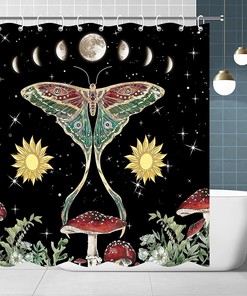 Vintage Floral Shower Curtain with Butterfly, Mushroom, Sun, and Moon Print