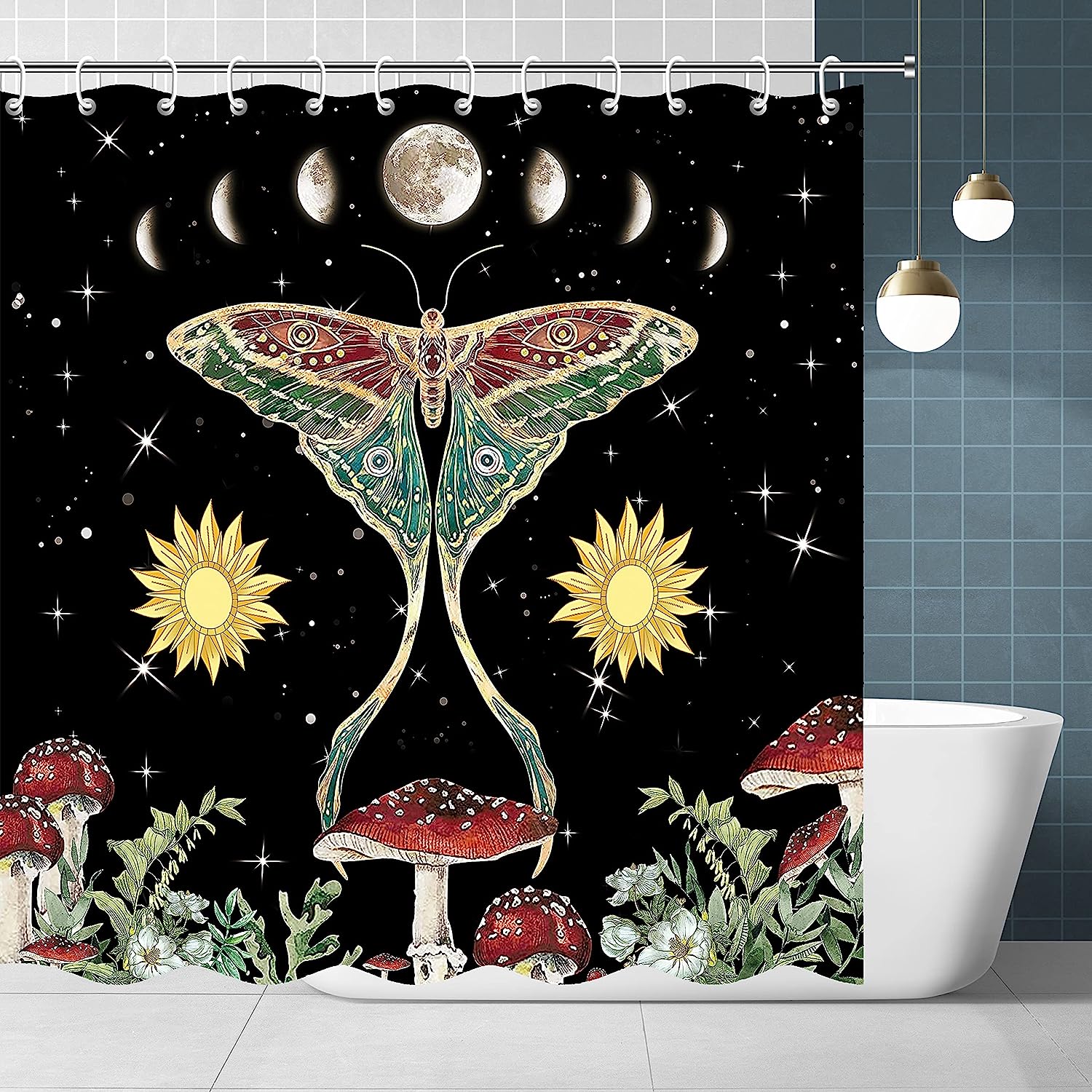 Vintage Floral Shower Curtain with Butterfly, Mushroom, Sun, and Moon Print