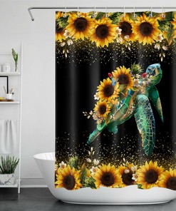 Vintage Floral Sunflower Shower Curtain With Funny Sea Turtle Print For Bathtub