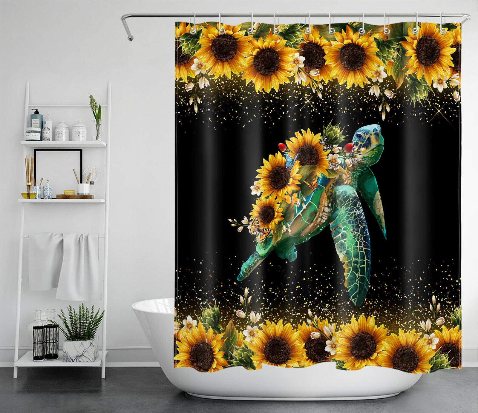 Vintage Floral Sunflower Shower Curtain With Funny Sea Turtle Print For Bathtub