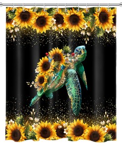 Vintage Floral Sunflower Shower Curtain With Funny Sea Turtle Print For Bathtub