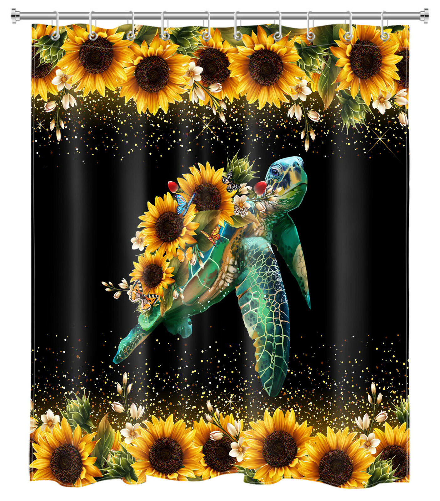 Vintage Floral Sunflower Shower Curtain With Funny Sea Turtle Print For Bathtub