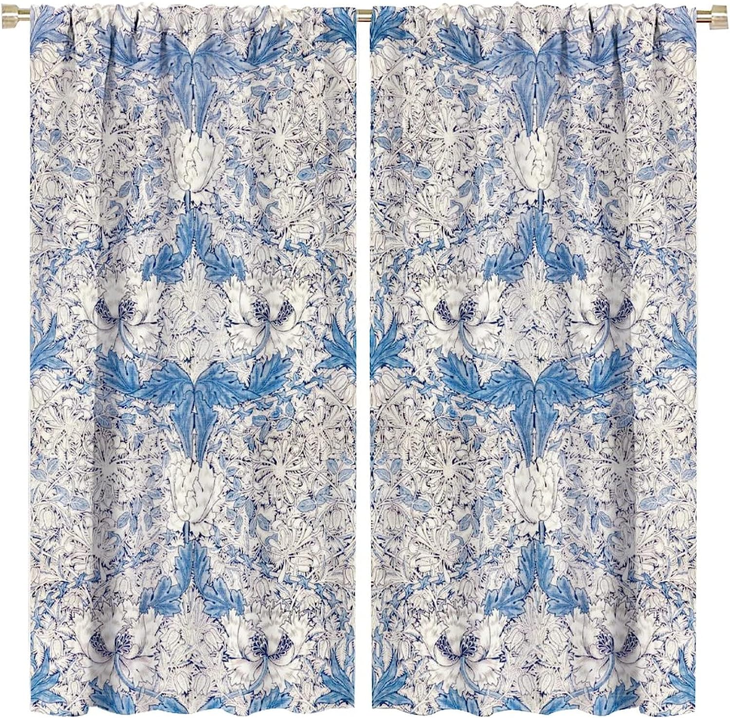 Vintage Floral White Blue Shower Curtain, Rustic Boho Flowers Art Printed, Window Drapes for Bathroom