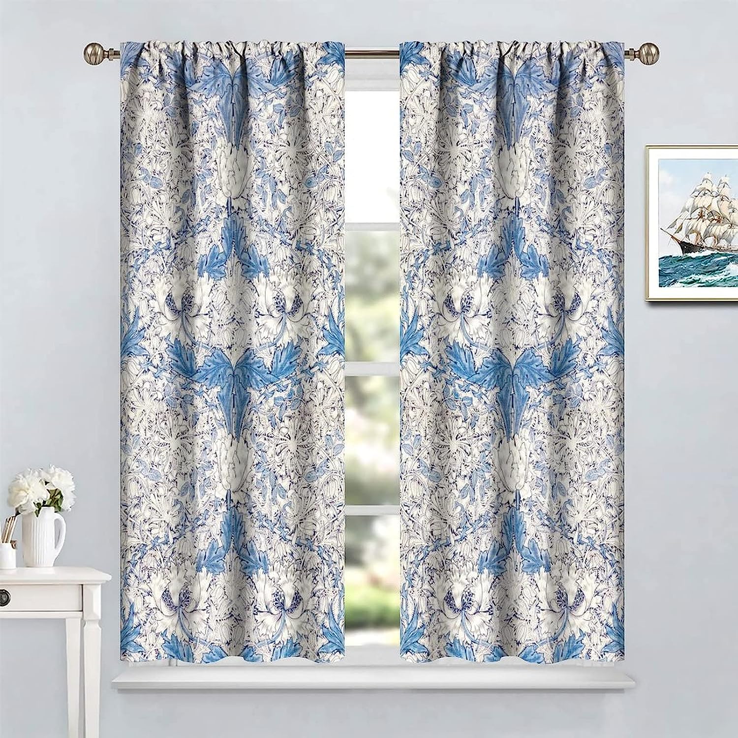 Vintage Floral White Blue Shower Curtain, Rustic Boho Flowers Art Printed, Window Drapes for Bathroom