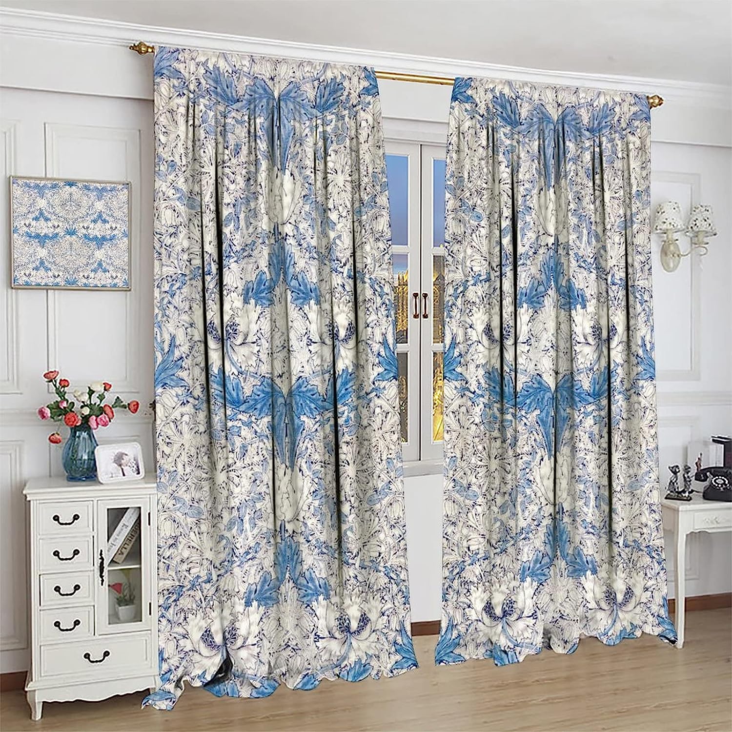 Vintage Floral White Blue Shower Curtain, Rustic Boho Flowers Art Printed, Window Drapes for Bathroom