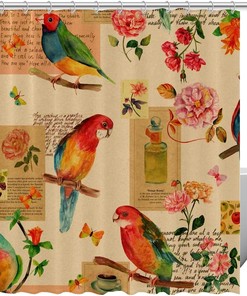 Vintage Flower Rose Bird Butterfly Print Fabric Shower Curtain for Nostalgic Bathroom Decor