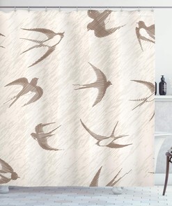 Vintage Flying Bird Swallow Illustration Shower Curtain In Beige And Brown