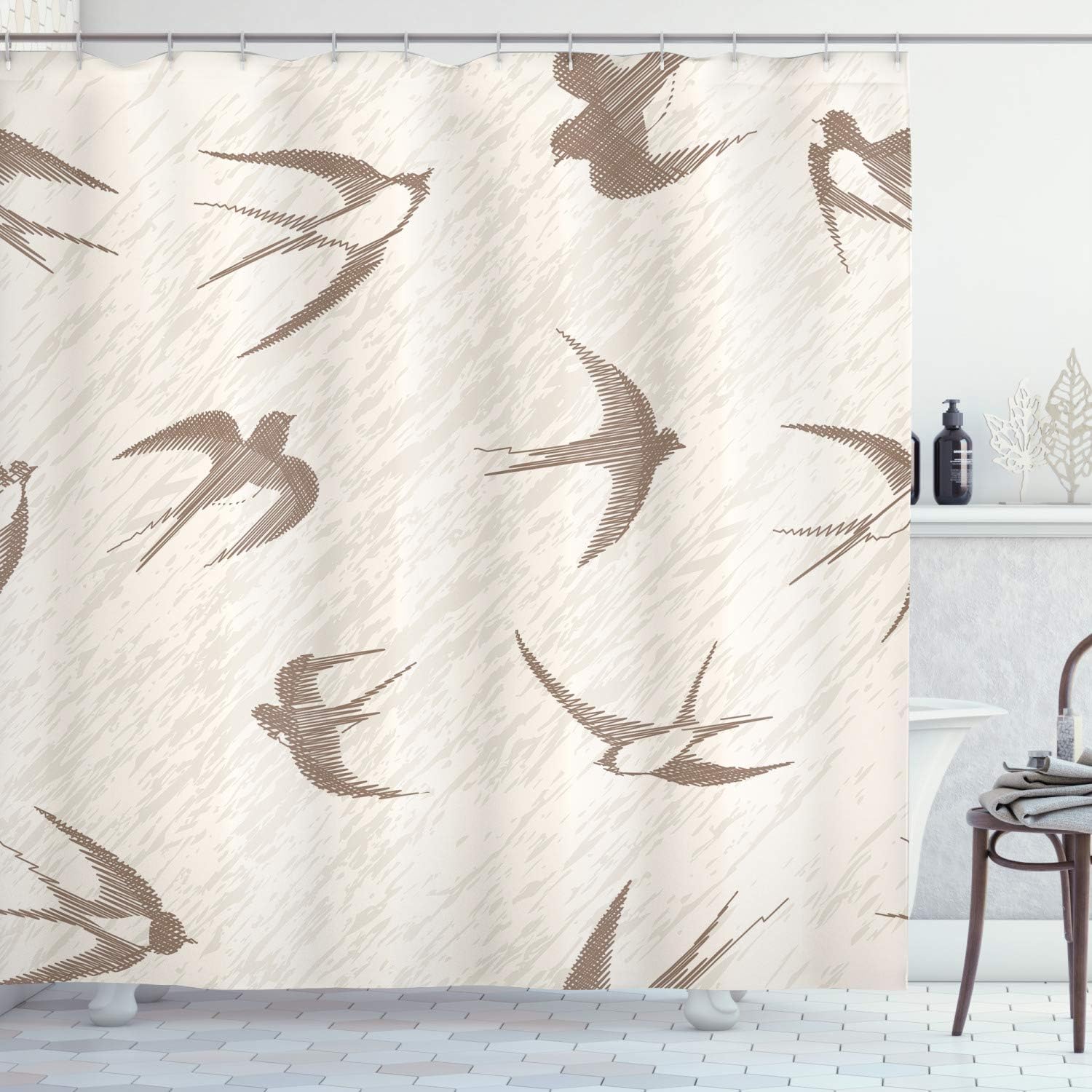 Vintage Flying Bird Swallow Illustration Shower Curtain In Beige And Brown