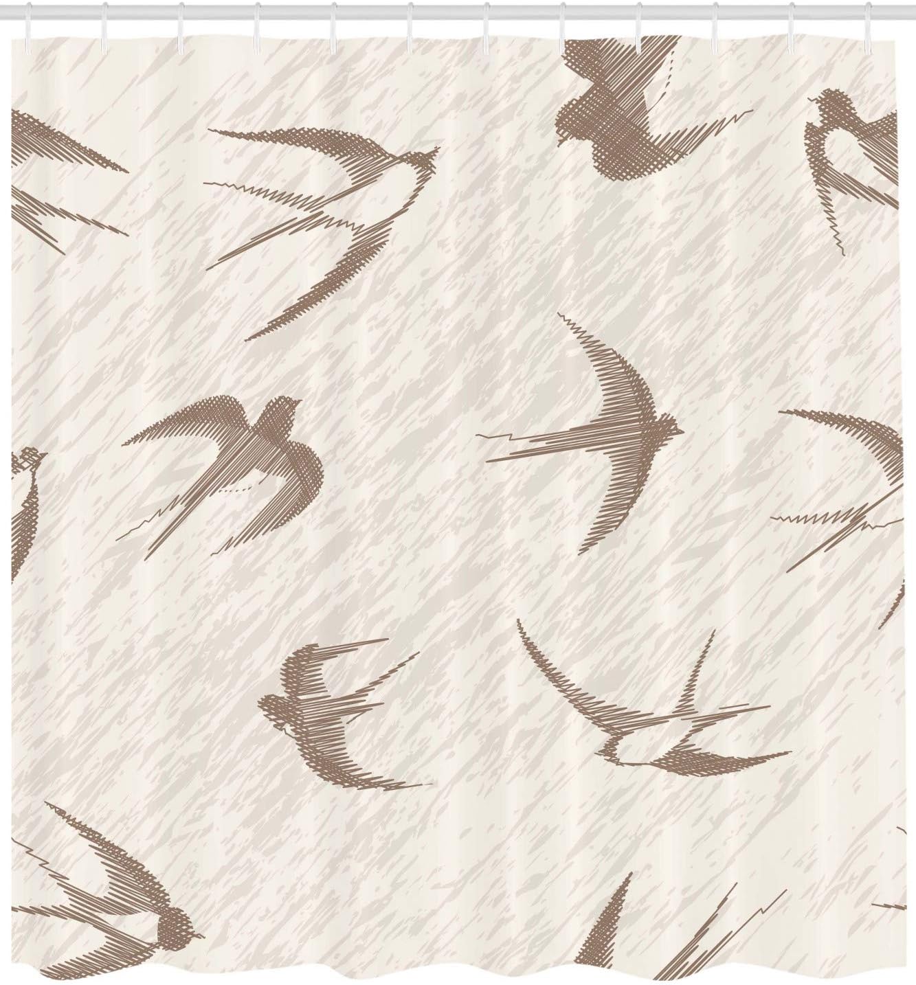 Vintage Flying Bird Swallow Illustration Shower Curtain In Beige And Brown - Image 2