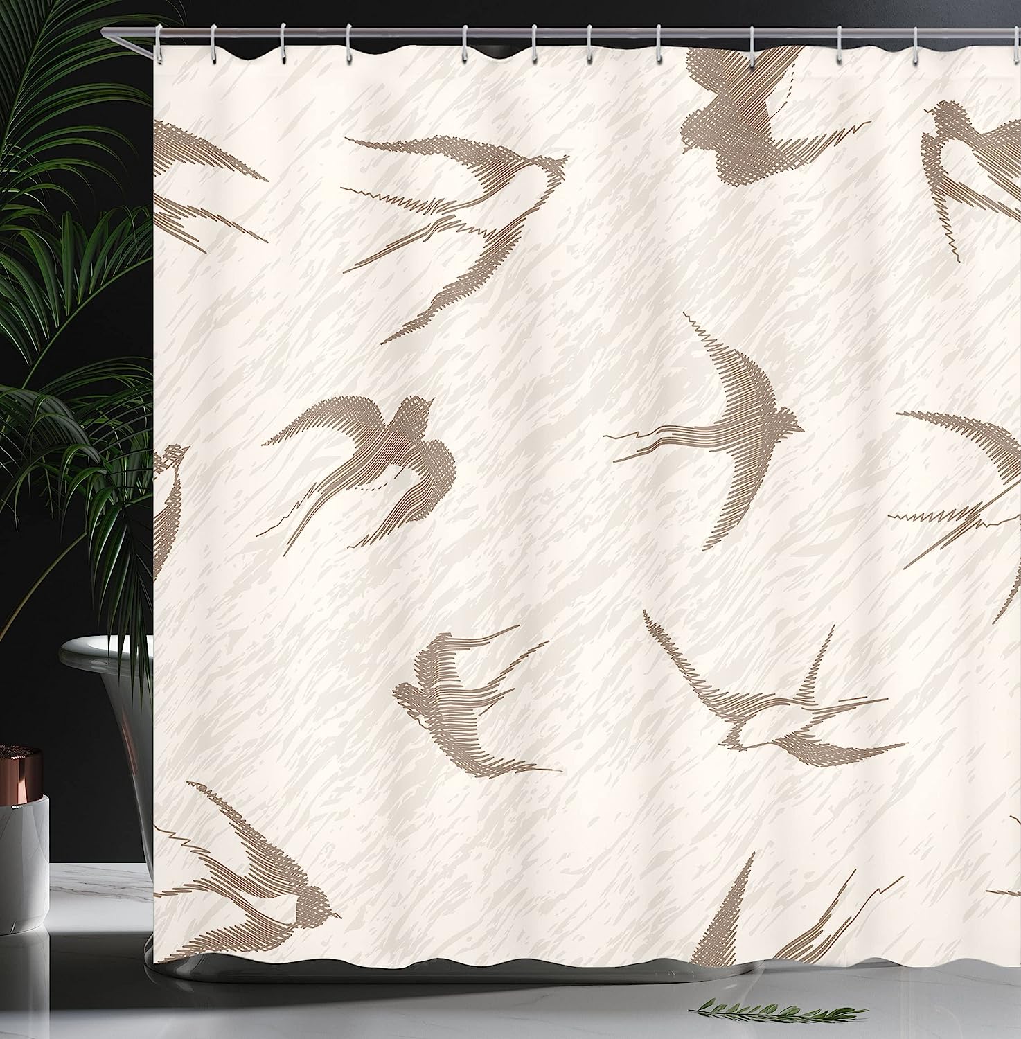 Vintage Flying Bird Swallow Illustration Shower Curtain In Beige And Brown - Image 3
