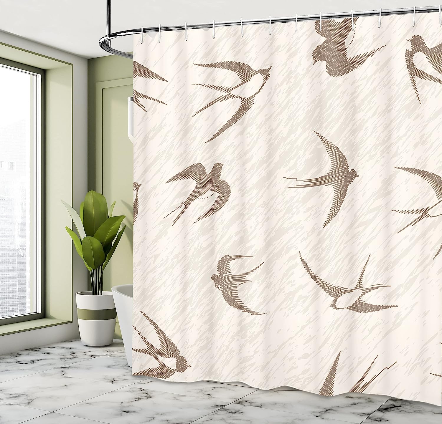 Vintage Flying Bird Swallow Illustration Shower Curtain In Beige And Brown - Image 4