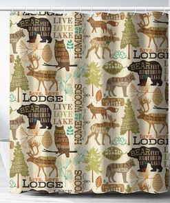 Vintage Forest Animals Shower Curtain - Rustic Cabin Design with Bear, Deer, Owl and Wolf 